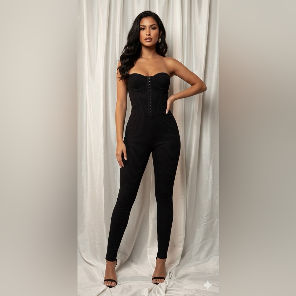 Pretty Little Thing Black Ribbed Corset Strapless Jumpsuit 10 NWT
